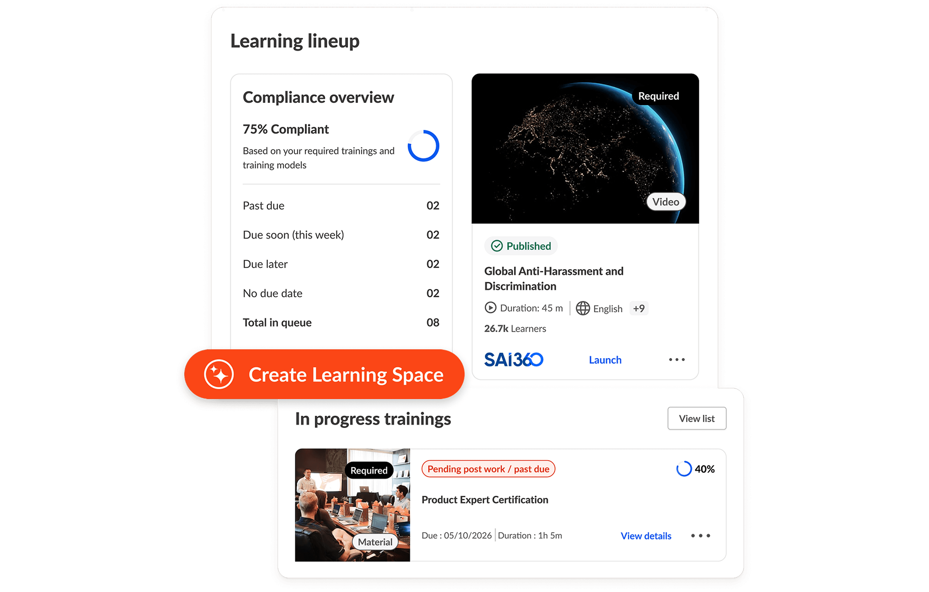 Una interfaz de plataforma de formación que muestra un resumen del cumplimiento normativo, varios módulos de formación y un botón destacado de "Create Learning Space".