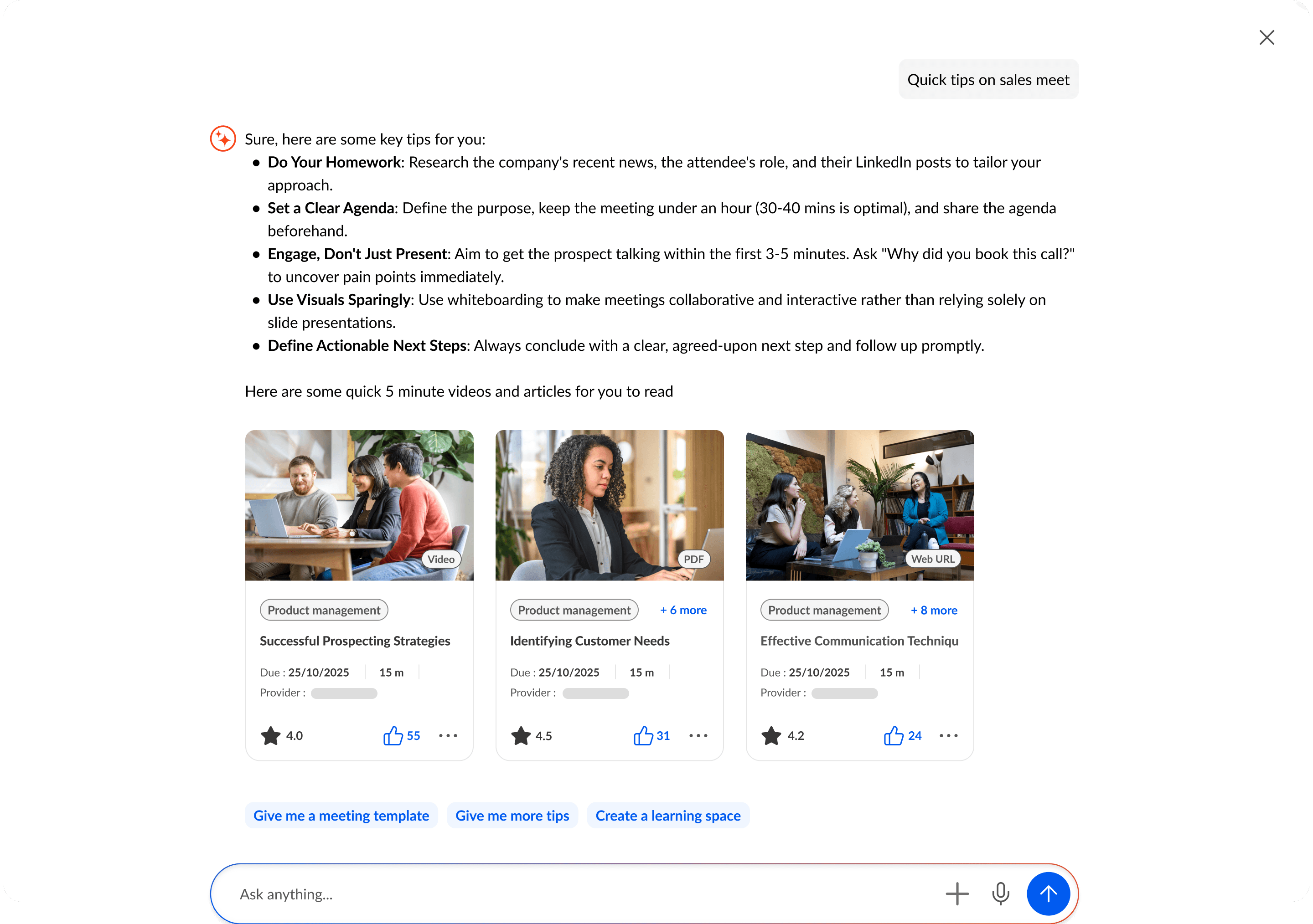 A webpage showing quick tips for sales meetings, followed by three cards with learning resources, and an "Ask anything" search bar at the bottom.