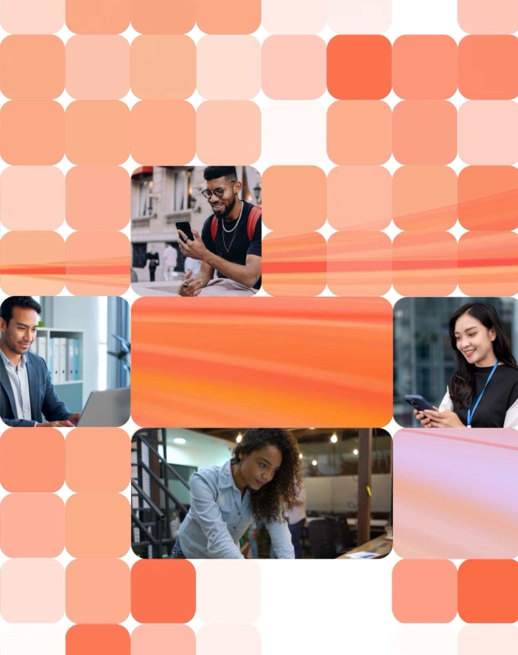 A grid collage featuring photos of diverse people using phones and laptops, interspersed with orange and white abstract and solid color squares.