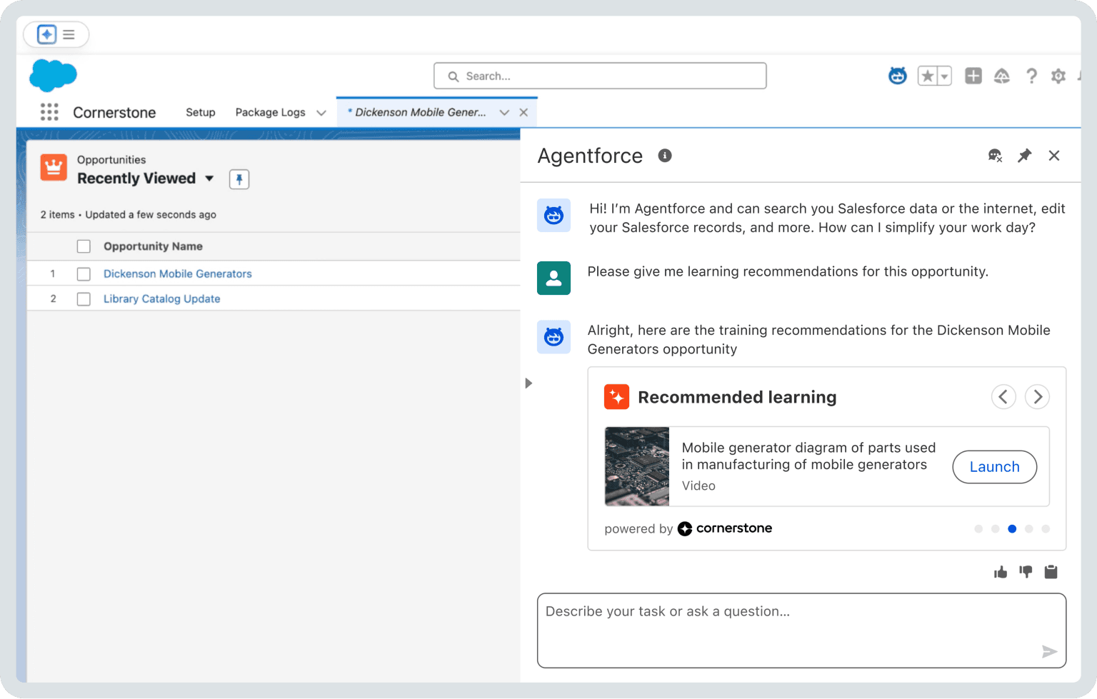 Screen shot of the Cornerstone OnDemand integration with Salesforce Agentforce.