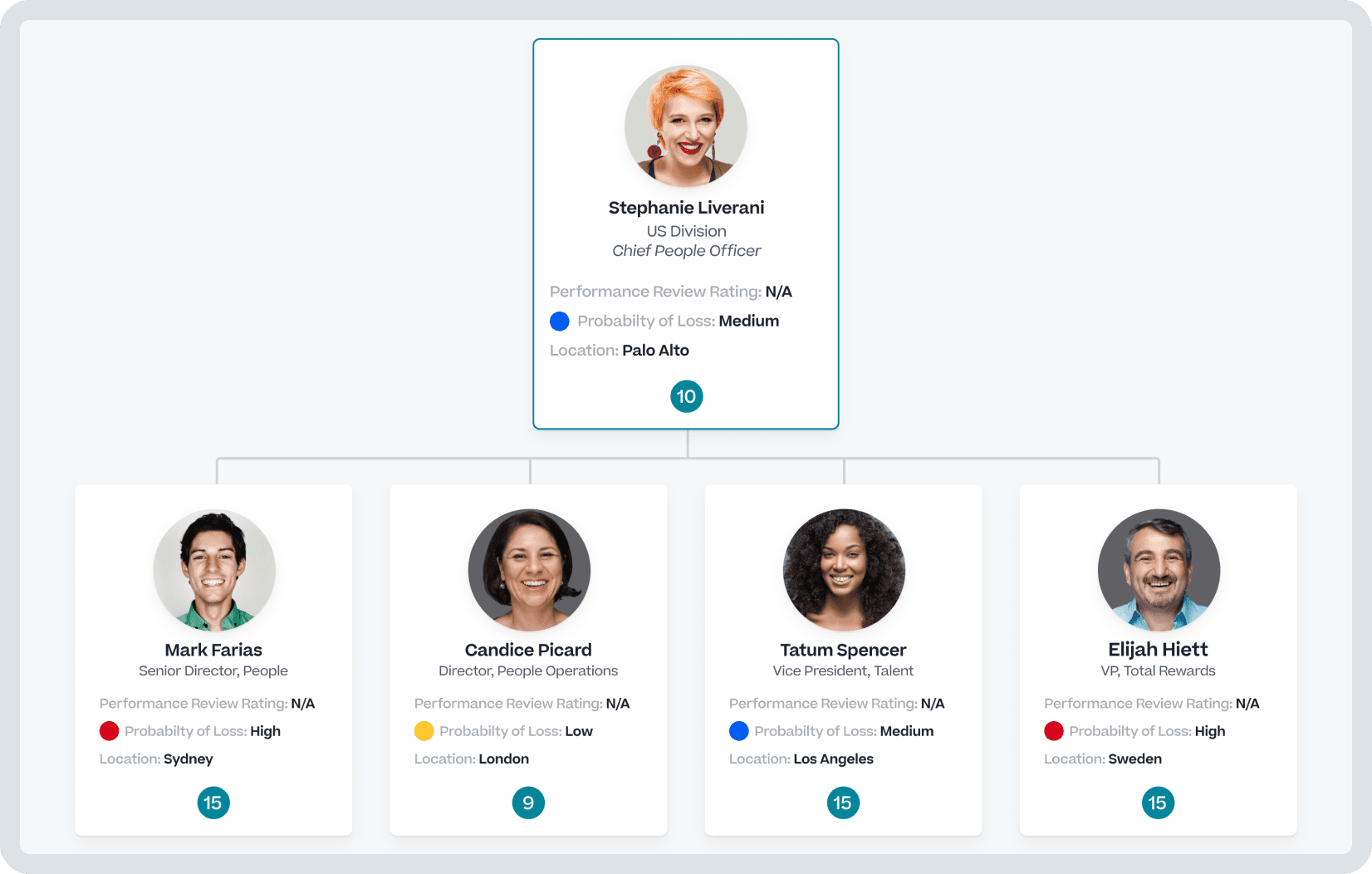 Product screenshot showing a team hierarchy, including a Chief People Officer and her direct reports, a component of their human capital strategy.