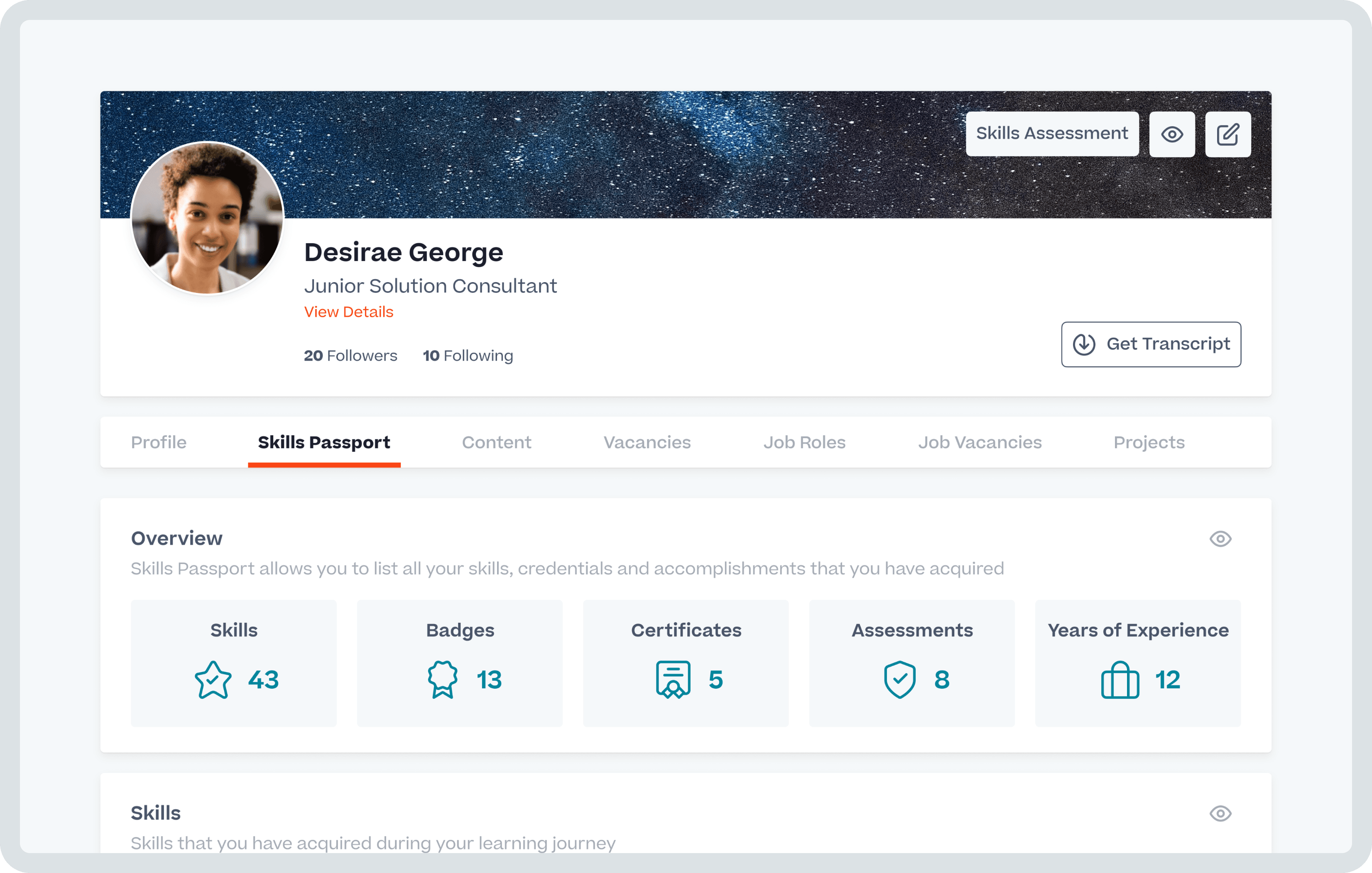 Product screenshot of Cornerstone software, showing a user profile of junior solution consultant. You can see their skills passport dashboard which includes their skills, badges, certificates, assessment and years of experience.