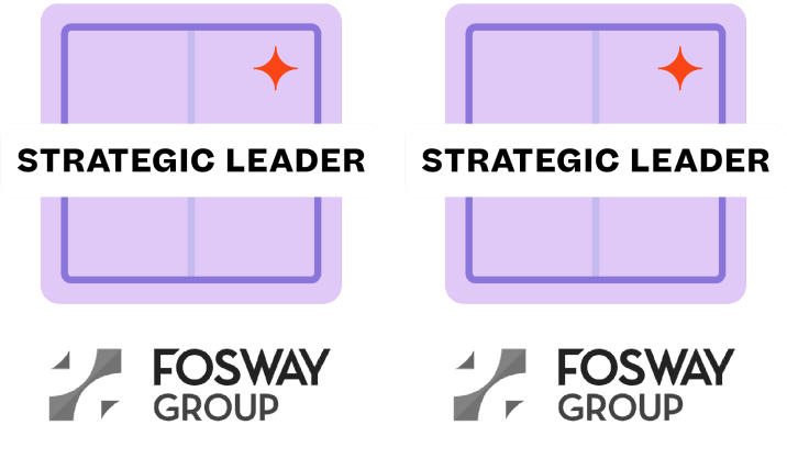 Dos gráficos idénticos, cada uno con una insignia morada con un destello, el texto "STRATEGIC LEADER" y el logotipo de Fosway Group.