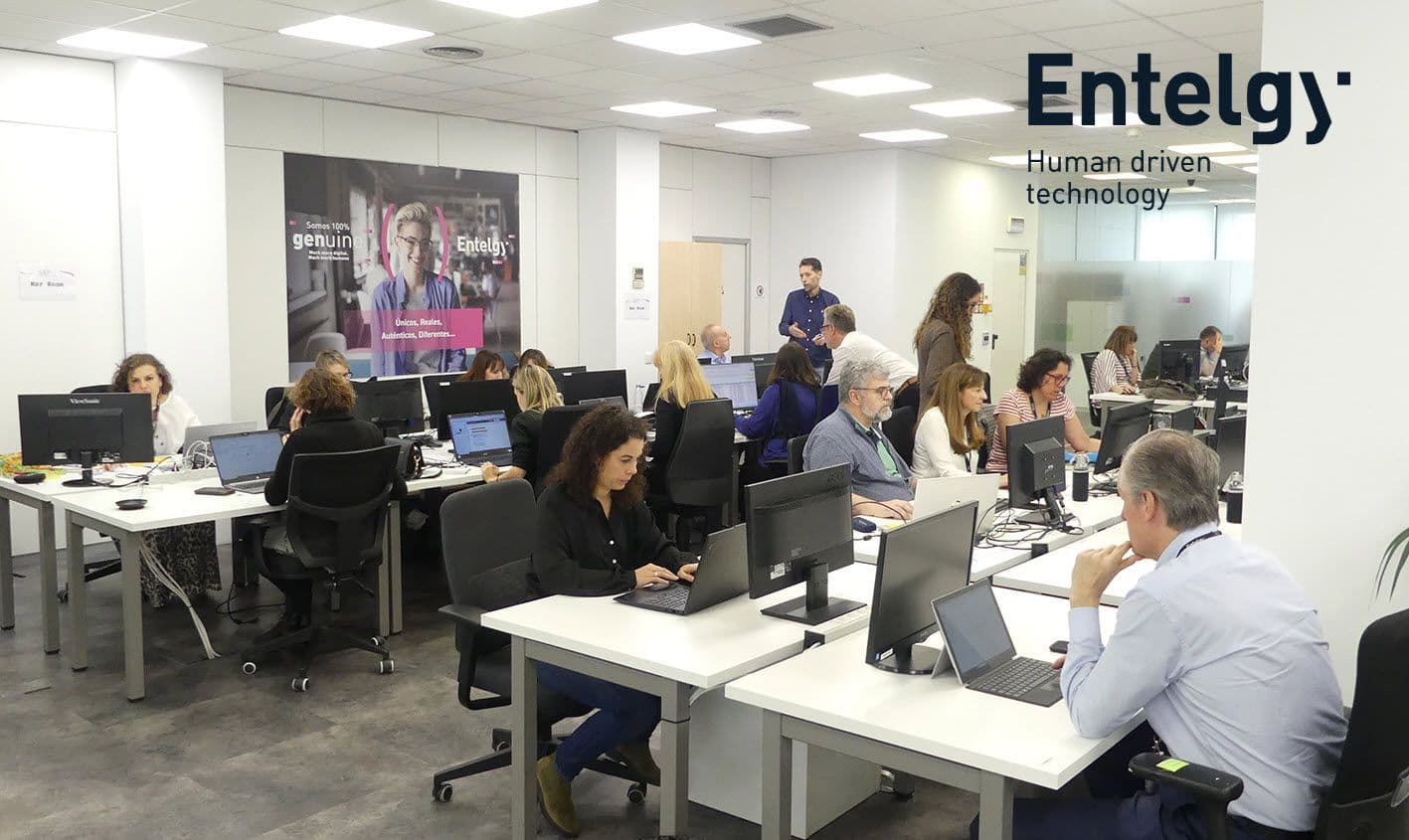 Entelgy office with many employees working at desks with computers.