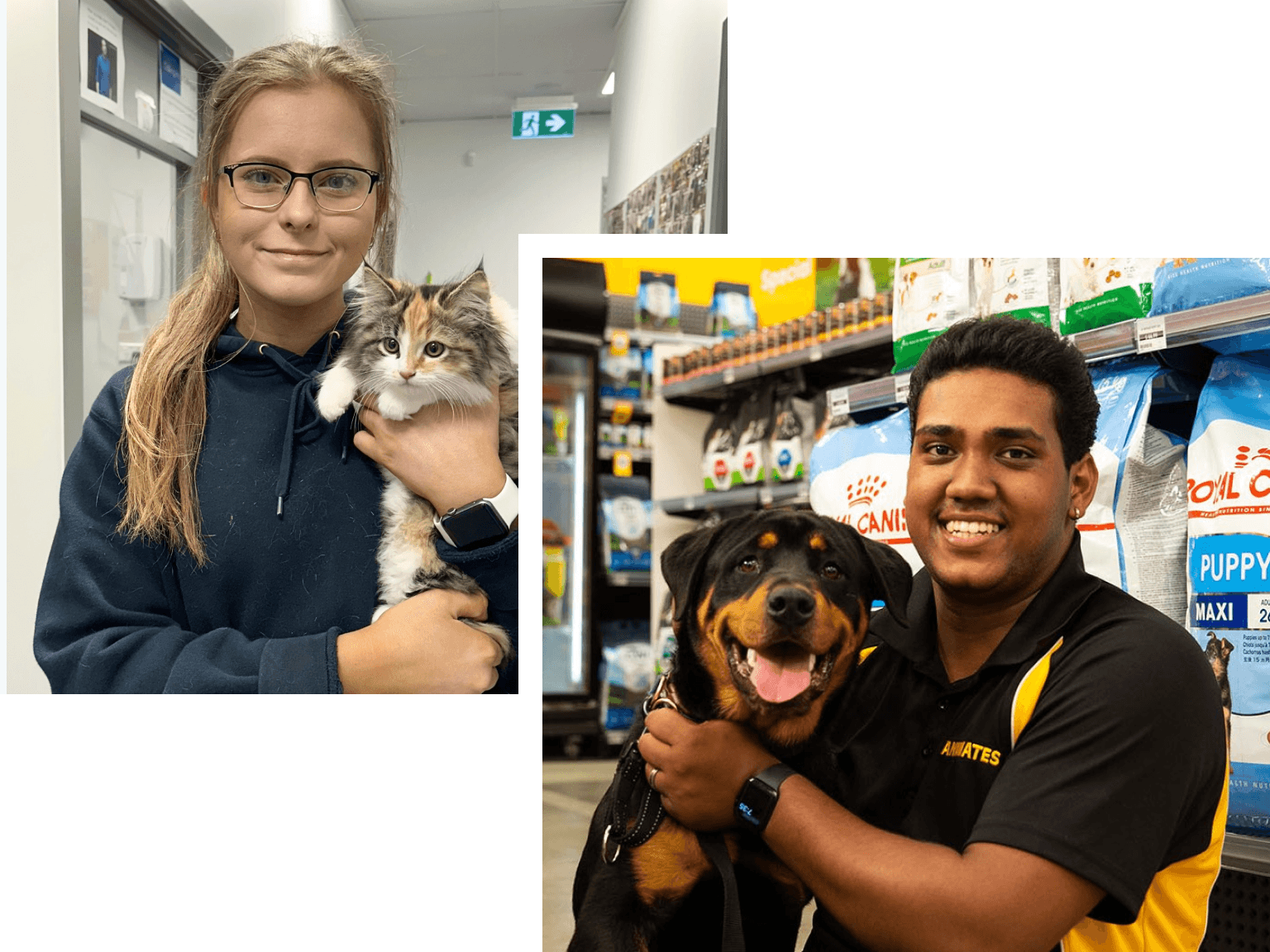 A collage image of two people with pets.