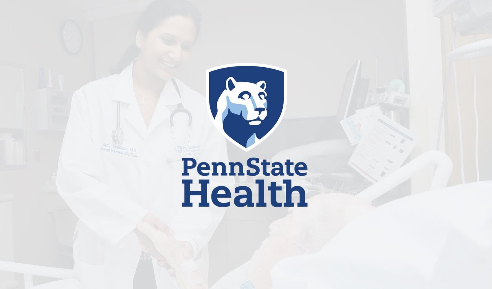 Penn State Health logo over a faint image of a doctor with a patient.